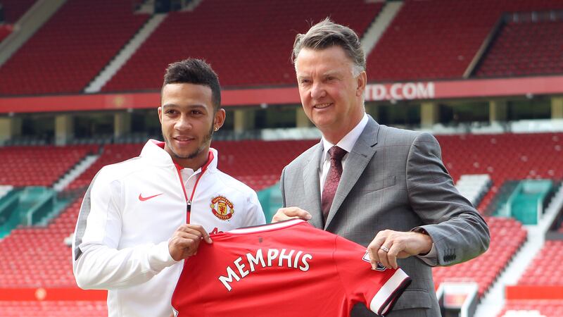 Manchester United's new signing Memphis Depay is unveiled by manager Louis van Gaal at Old Trafford on Friday<br />Picture: PA