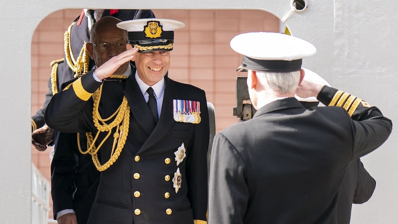Prince Edward, the Duke of Edinburgh, takes the salute onboard ahead of the Service of Dedication for the Royal Fleet Auxiliary ship, RFA Stirling Castle, in Leith. Picture date: Thursday April 11, 2024.