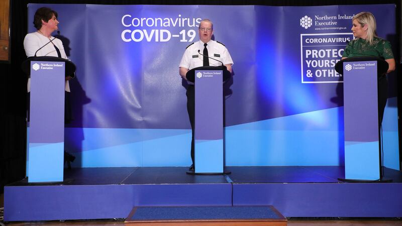 First Minister Arlene Foster, Deputy First Minister Michelle O'Neill and Chief Constable Simon Byrne at the daily coronavirus briefing&nbsp;