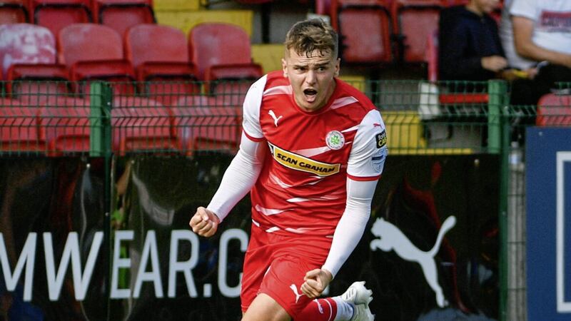 Ronan Hale celebrates after scoring against Dungannon Swifts at Solitude 