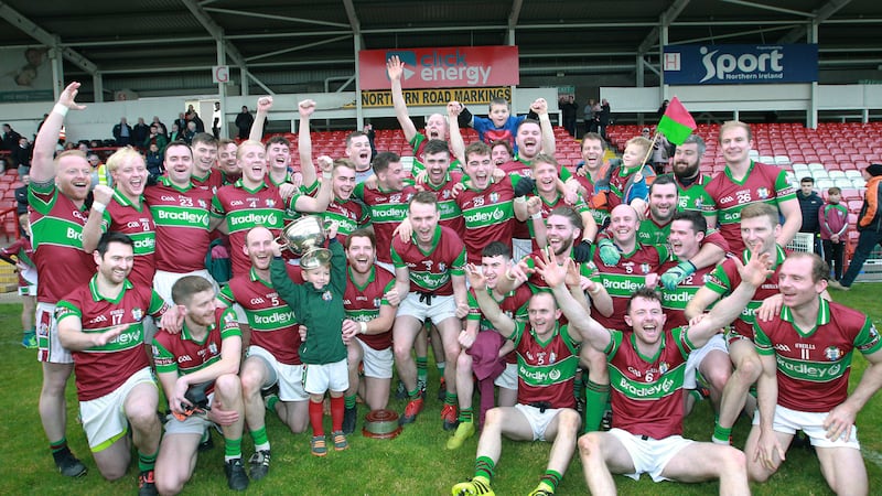 &nbsp;Coleraine celebrate after winning the Derry SFC last year. Eoghan Rua are one of three clubs, along with Ballinderry and Slaughtneil, to have shared the past nine Oak Leaf senior titles. Picture: Margaret McLaughlin