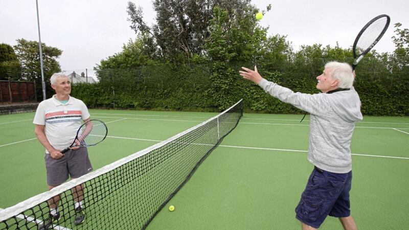 Maurice Roberts and Pearse Linden get back into the swing of things at Cavehill Tennis Club. Picture by Mal McCann 