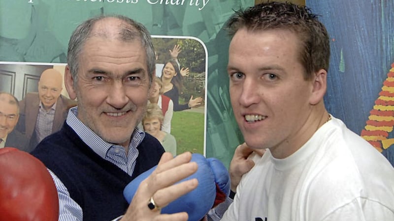 Fergal Mulgrew with Tyrone manager Mickey Harte to promote a charity boxing event in 2009 