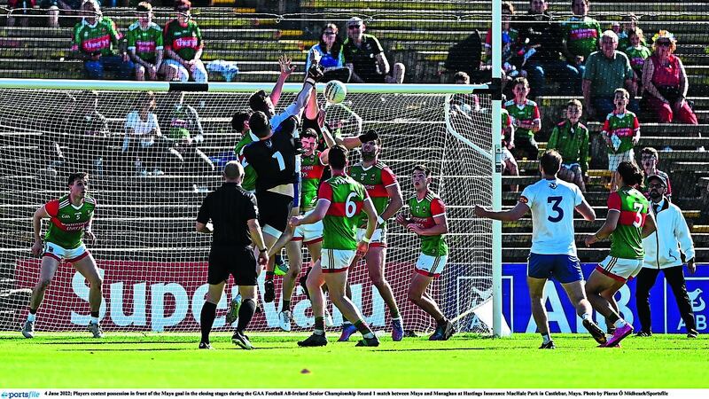 Monaghan goalkeeper Rory Beggan attacks the ball in the Mayo square at a frantic end of the sides' qualifier meeting on Saturday. Picture by Sportsfile