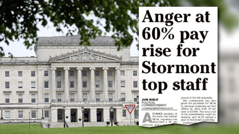 Parliament Buildings at Stormont, and inset, how The Irish News reported on the pay rise for MLA staff 