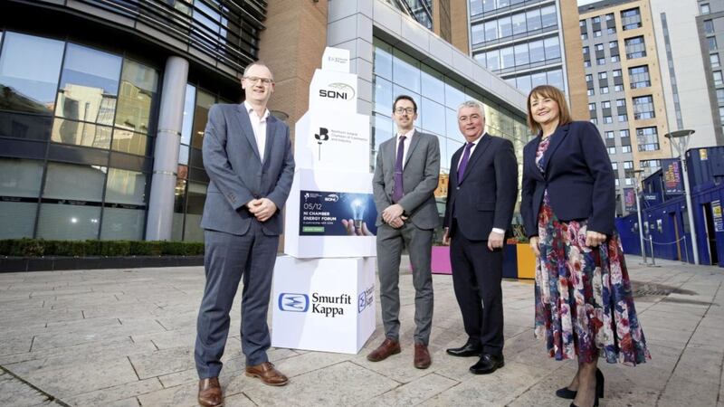 L-R: Paul Friar (Smurfit Kappa); Alan Campbell (SONI); Niall Casey (Invest NI) and Ann McGregor (NI Chamber). Picture by Darren Kidd 