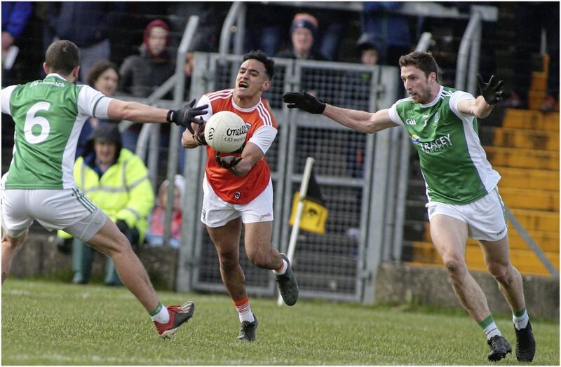 Jemar Hall contributed to Forkhill&#39;s haul in Saturday&#39;s Armagh JFC final Picture by Hugh Russell 