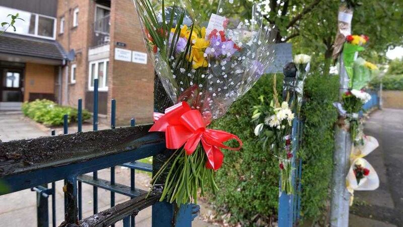 Floral tributes at Sunningdale Gardens off the Ballysillan Road in Belfast where John Boreland was murdered on Sunday. Picture By: Colm Lenaghan 