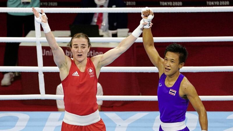 Ireland&#39;s Kellie Harrington celebrates victory over Thailand&#39;s Sudaporn Seesondee in yesterday&#39;s Olympic semi-final - setting up a gold medal clash with Brazil&#39;s Beatriz Ferreira. Picture by PA 