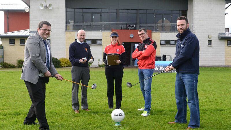 Gathered for the launch of the Beragh Red Knights and Breacach Handball Club golf classic are sponsor Paul Tallon of the Medical Hall, Sixmilecross, Jimmy Colton from Omagh golf club, Sarah Owens of Beragh Red Knights, Gerard Treacy of Beragh Red Knights and Conor McAleer of sponsors J McAleer &amp; Sons 