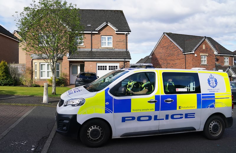 A police patrol passes the home of Nicola Sturgeon in Uddingston after her husband Peter Murrell was charged in connection with embezzlement of SNP funds
