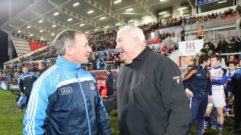 Joe Kernan pictured with Dublin manager Jim Gavin at Ravenhill Stadium during the Game for Anto