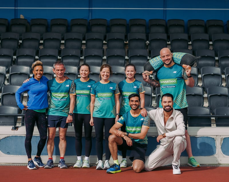 Undated handout photo issued by Samaritans of Rylan (front right) and Dame Kelly Holmes (left), who have been announced as Team Samaritans cheerleaders for the 2024 TCS London Marathon charity of the year, with runners Dave, Amy, Lucinda, Romy, Suneel and Andy . Issue date: Friday April 12, 2024. PA Photo. See PA story CHARITY Marathon. Photo credit should read: Samaritans/Chris O’Donovan/PA Wire NOTE TO EDITORS: This handout photo may only be used for editorial reporting purposes for the contemporaneous illustration of events, things or the people in the image or facts mentioned in the caption. Reuse of the picture may require further permission from the copyright holder.
