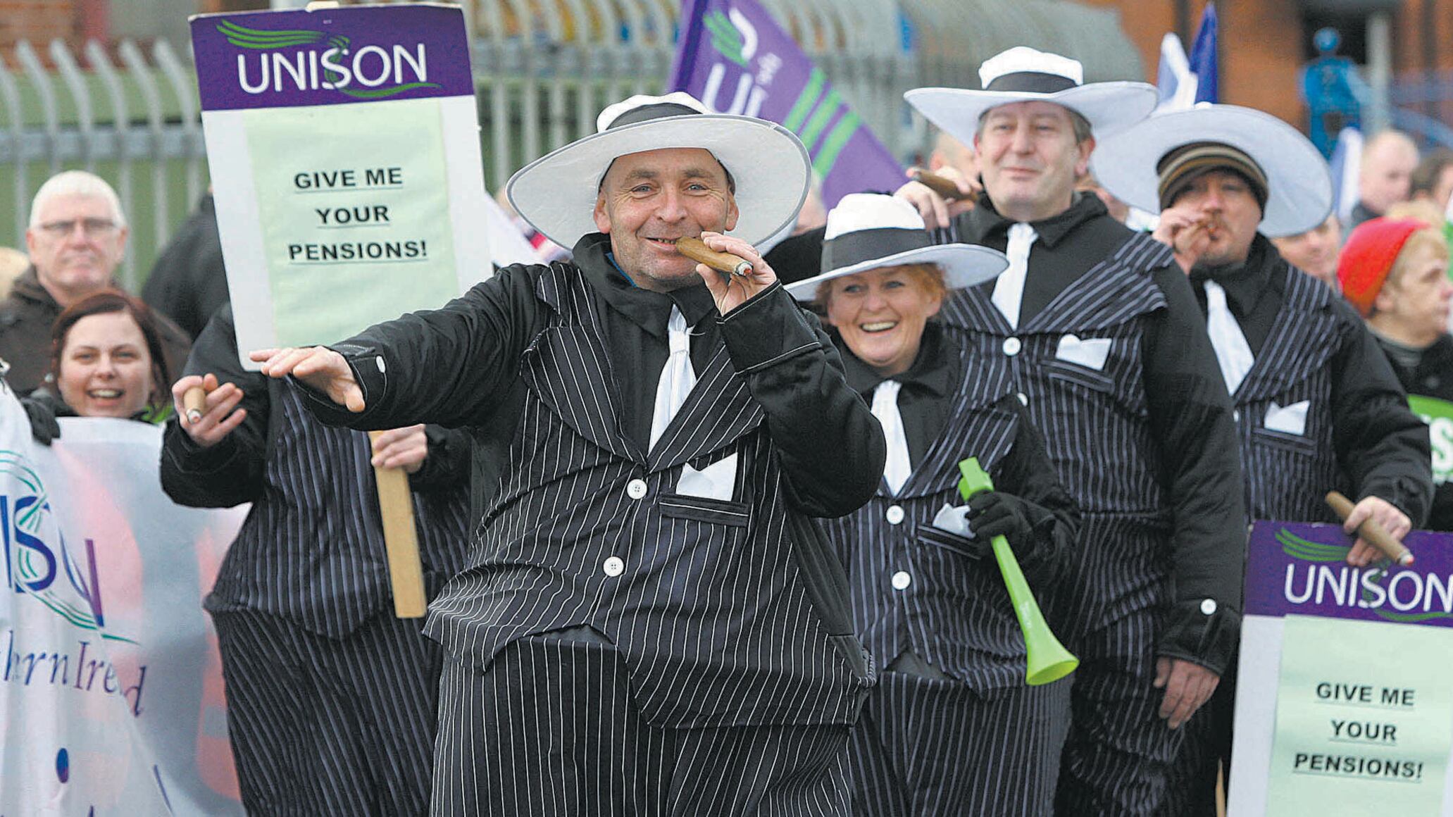 Fat cats pictured at a public sector strike outside the RVH in Belfast 