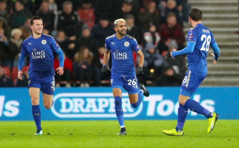 Leicester City’s Riyad Mahrez (centre) celebrates scoring his side’s first goal of the game during the Premier League match at St Mary’s Stadium, Southampton