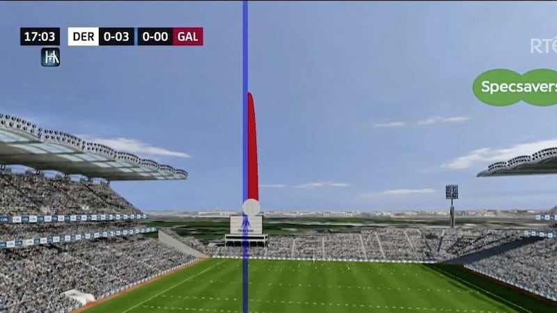 The image generated by HawkEye on Conor Glass&#39; 17th minute effort for Derry against Galway, which has been brought into question following the decision to overturn the technology&#39;s decision to rule out a Shane Walsh score for the winners on Saturday. Image: RT&Eacute; TV 