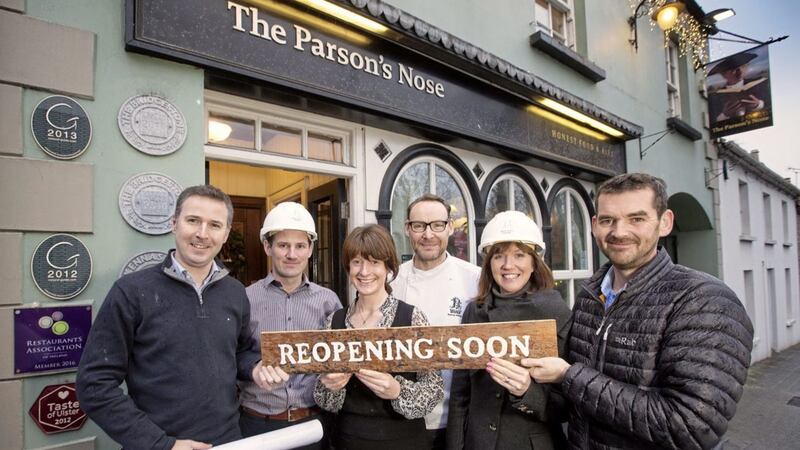 Pictured at The Parson&rsquo;s Nose are interior architect Paul Haffey, employees Brian Corey (operations manager) and Caroline Murphy, along with chef Danny Millar and Balloo Inns directors Jennie and Ronan Sweeney 