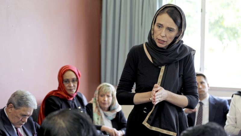 New Zealand Prime Minister Jacinda Ardern speaks to representatives of the Muslim community at the Canterbury Refugee Centre in Christchurch following the attack on two mosques which left 50 people dead 