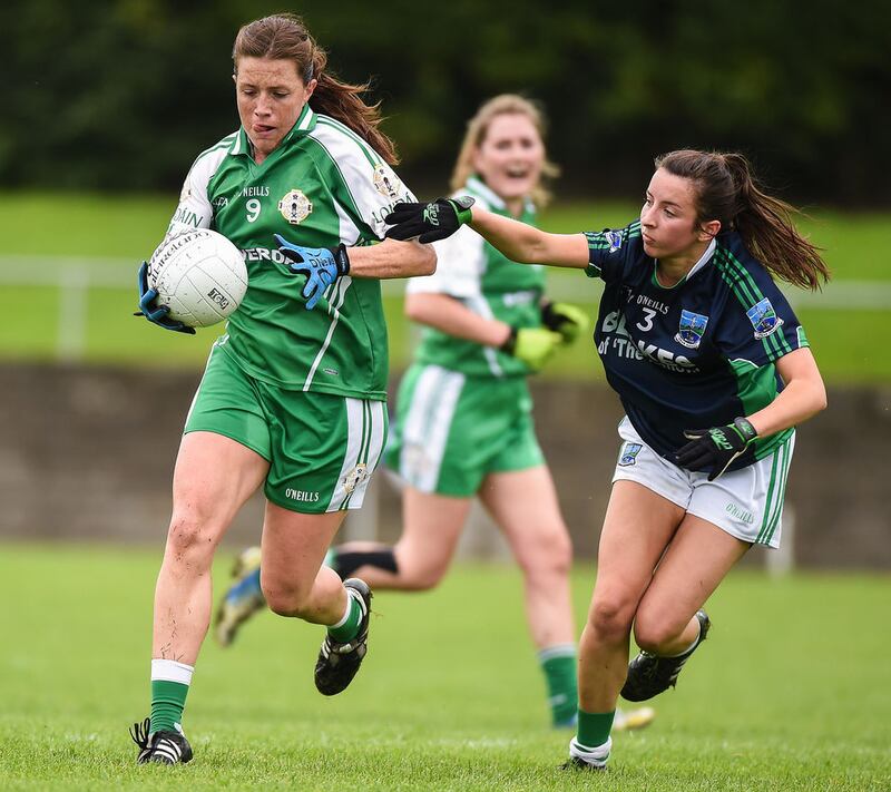MURPHY INJURY WORRY: Hannah Noonan of London races after Courtney Murphy of Fermanagh during a TG4 Ladies Football All Ireland Junior Championship match. Picture by Matt Browne/Sportsfile&nbsp;