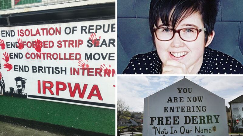 Friends of Lyra McKee yesterday protested at the Derry office of Saoradh, a political group linked to the New IRA, by placing red handprints on the building's wall. Free Derry Corner's famous mural has been  adapted in recent days to reflect anger over Ms McKee's murder&nbsp;