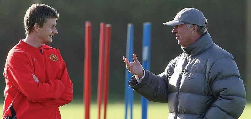Ole Gunner Solskjaer when he played under Manchester United manager Alex Ferguson&nbsp;(right)<br />&nbsp;