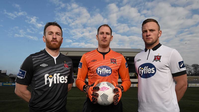 Dundalk players Gary Rogers (centre), Stephen O'Donnell (left) and Paddy Barrett