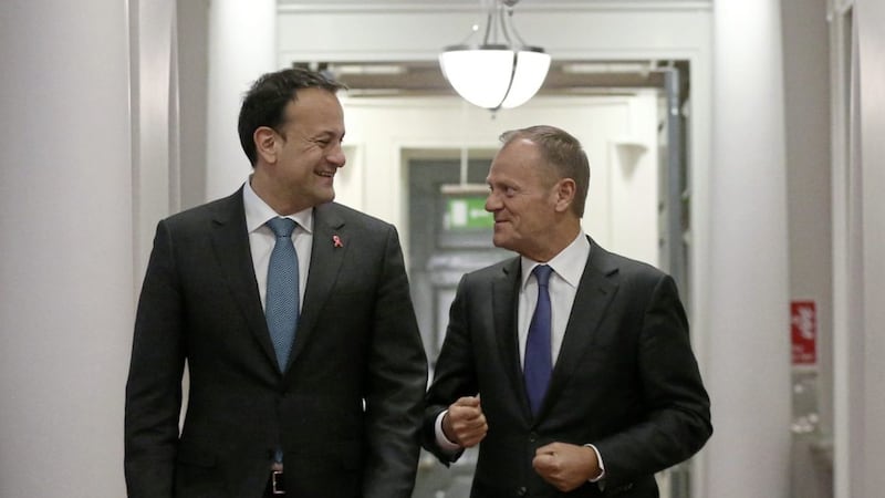 Taoiseach Leo Varadkar, left, with Donald Tusk at Government Buildings in Dublin. Picture by Laura Hutton/PA