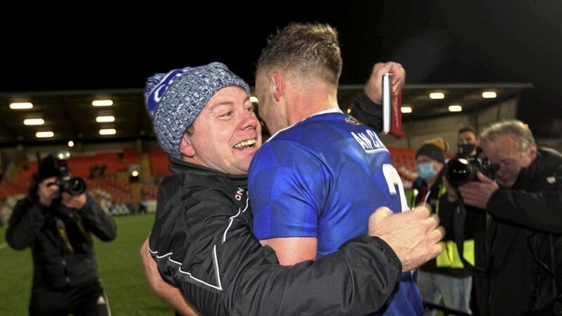 Mickey Graham celebrates after Cavan&#39;s unexpected Ulster title success - which came less than two months after the Breffnimen suffered a second consecutive relegation. Picture by Seamus Loughran 