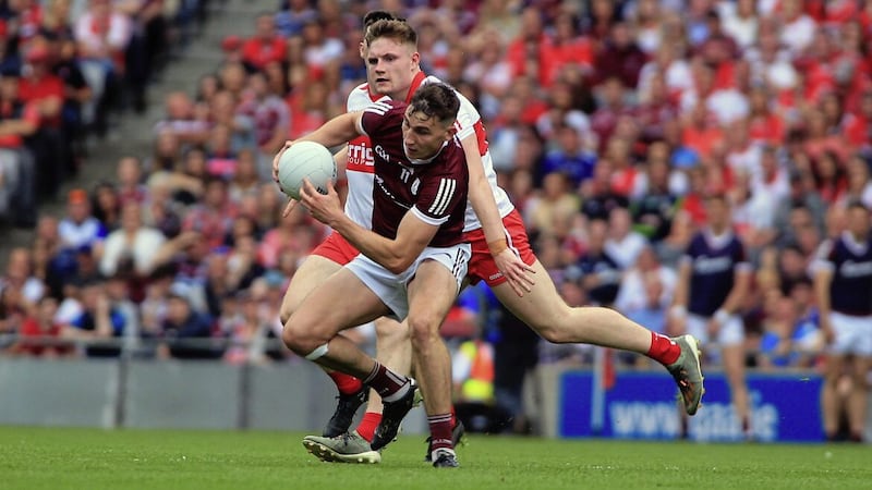 Galway&#39;s Matthew Tierney in action against Derry&#39;s Ethan Doherty in Saturday&#39;s All-Ireland Football semi-final at Croke Park Picture: Seamus Loughran. 