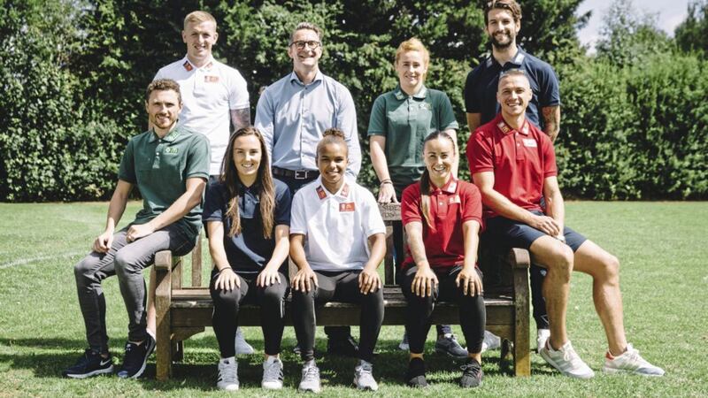 01 August 2018.London, England .Ambassadors from all Home Nations at the launch of McDonalds UK&rsquo;s new football sponsorship programme which will provide over 5million hours of fun football for children across the UK by 2022..Back row (L to R) Jordan Pickford, McDonalds UK COO Jason Clark, Rachel Furness, Charlie Mulgrew, Corry Evans, Caroline Weir, Nikita Parris, Natasha Harding, James Chester