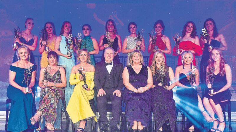 STARRY STARRY NIGHT: Tyrone&rsquo;s Neamh Woods (front row, left) and Donegal&rsquo;s Treasa Doherty (front row, second from right)&nbsp;with the other TG4 Ladies&rsquo; Football Allstar award winners at Saturday&rsquo;s night&rsquo;s ceremony at the CityWest Hotel in Dublin<br />Picture: Sportsfile&nbsp;