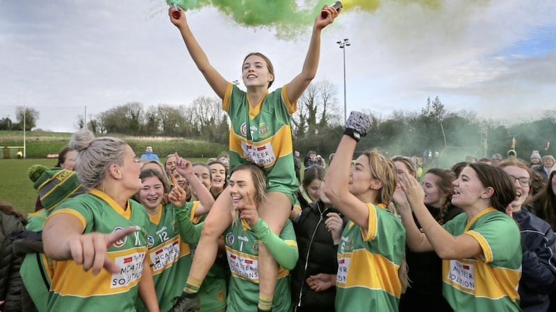 Creggan&#39;s Cerys O&#39;Neill on shoulders of her team-mates after the Antrim club&#39;s win over Magherafelt in the 2020 Bridie McMenamin Shield final Picture: Margaret McLaughlin. 