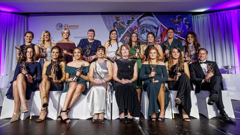 President of the Camogie Association Kathleen Woods and Deirdre Ashe of Liberty Insurance with the 2018 Camogie All-Stars team at the awards gala night at the Citywest Hotel, Co. Dublin. Picture by &copy;INPHO/Tommy Dickson. 