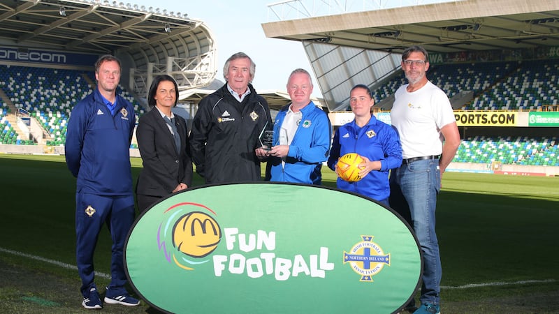<span style="color: rgb(29, 34, 40); font-family: sans-serif; ">Pat Jennings (third from left), with&nbsp;</span><span style="color: rgb(29, 34, 40); font-family: sans-serif; ">St Mary&rsquo;s FC Volunteer Brendan Magill (furthest right), Katrina Fox (McDonalds), and Craig Bowers, Malcolm Roberts, and Lauren Moore (all IFA).</span>