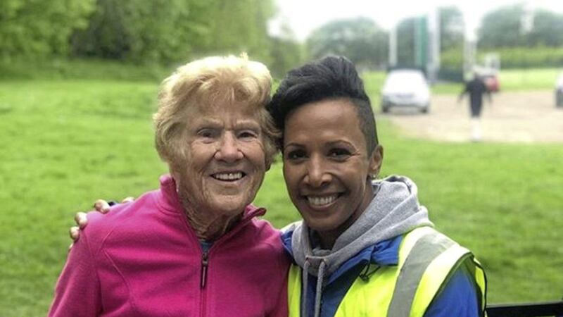 Dame Kelly Holmes with Ormeau parkrun regular Grace Chambers (91) at the event in south Belfast on Saturday. Dame Kelly was making a BBC documentary about the benefits of parkrun and interviewed Ms Chambers who has completed 53 parkrun events so far. Picture: Dame Kelly Holmes&#39;s Instagram 