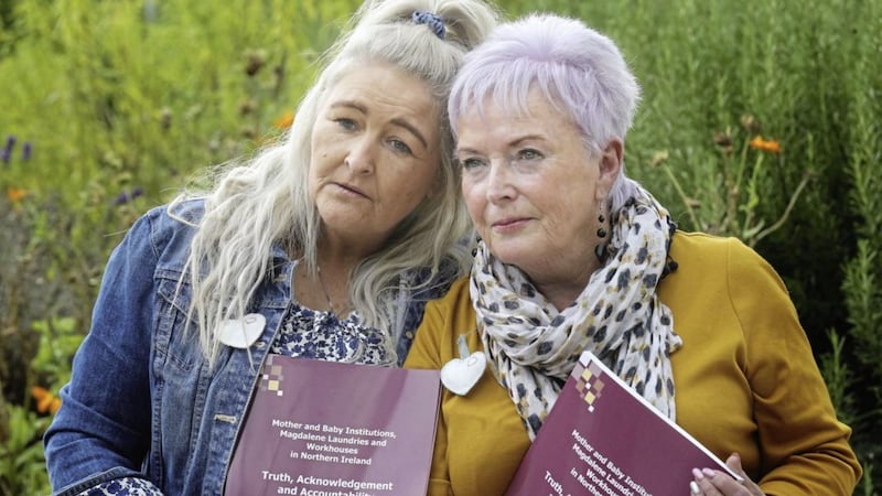 Survivors Mechelle Dillon (left) and Adele Johnstone from Birth Mothers and Their Children for Justice NI pictured at the release of a key report on Tuesday. Picture by Hugh Russell 