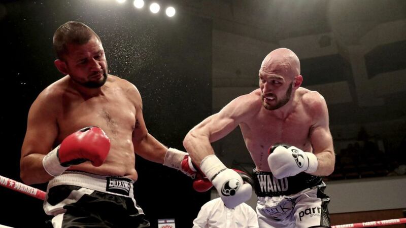 Steven Ward (right) knocks out Istvan Orsos at the Waterfront. The Belfast cruiserweight has a 7-0 record 