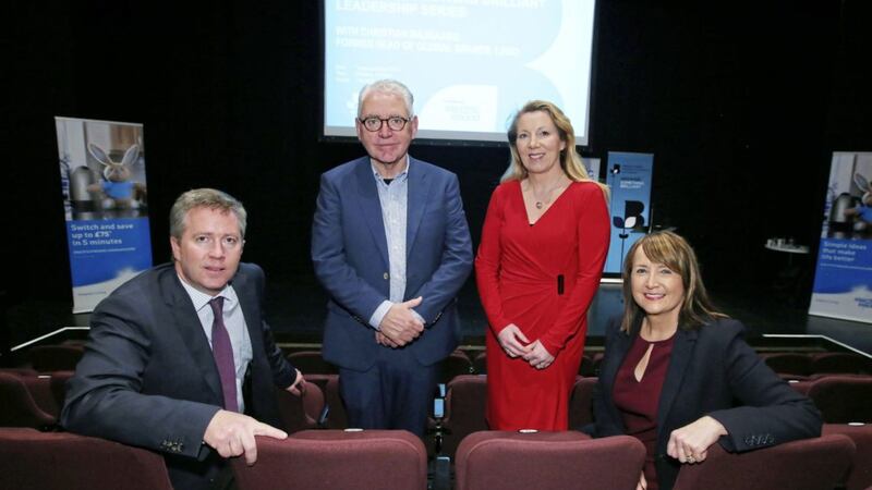 Christian Majgaard, former head of global brand at LEGO (middle left), along with Paul Stapleton, general manager at Electric Ireland (left), Clare McAllister, sales and marketing manager, Electric Ireland (middle right) and Ann McGregor, chief executive of NI Chamber (right). Picture by Kelvin Boyes/ Press Eye   