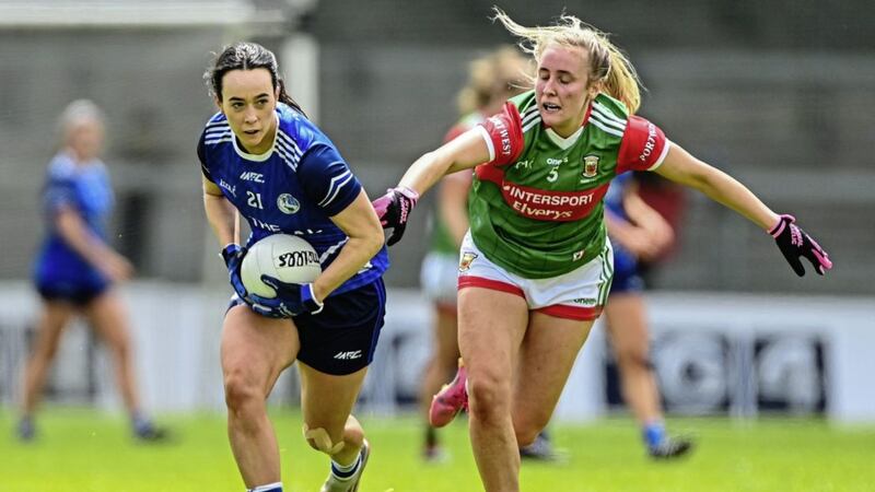 Geraldine Sheridan of Cavan in action against Danielle Caldwell of Mayo during the TG4 All-Ireland SFC Group A Round 2 match between Cavan and Mayo at Glennon Brothers Pearse Park in Longford Picture: Ben McShane/Sportsfile 