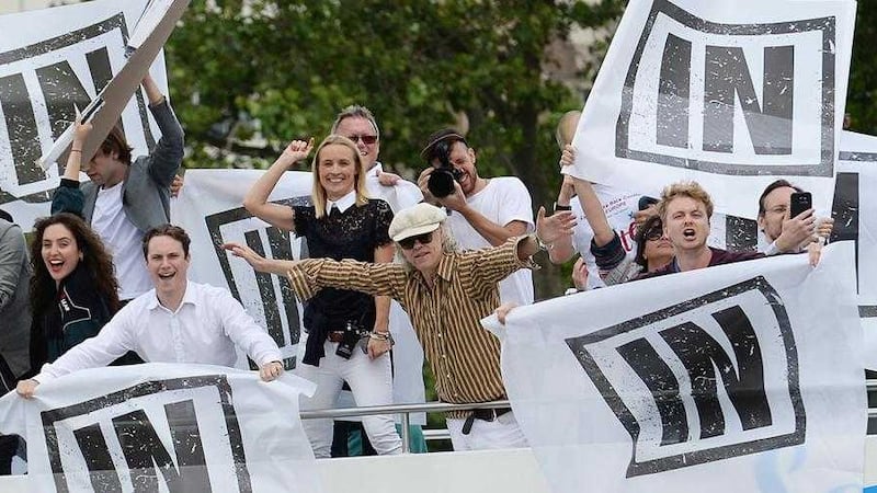 Bob Geldof on board a boat taking part in a pro-EU counter demonstration, as a Fishing for Leave pro-Brexit 'flotilla' makes its way along the River Thames in London <br/>PICTURE: Stefan Rousseau/PA