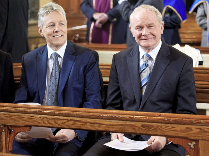 Former First Minister Peter Robinson and Deputy First Minister Martin McGuinness sit together in St Patrick&#39;s Church in Belfast during a visit by the Prince of Wales. Picture by Adam Gerrard/Daily Mirror/PA Wire 