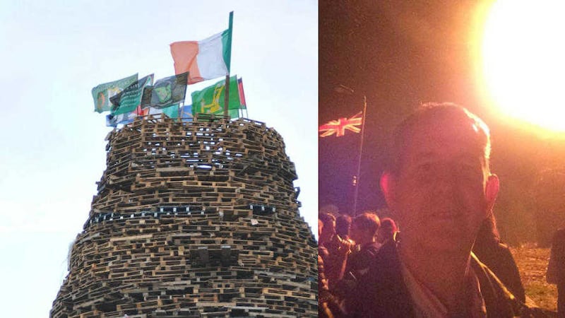 The DUP&#39;s Edwin Poots took a selfie, right, at Ballymacash bonfire that had been bedecked in tricolours 