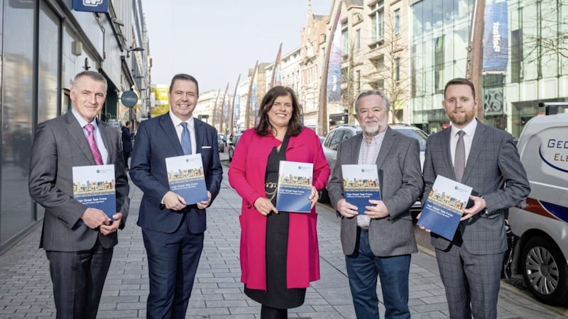 Launching the retail document are (from left) Junior Minister Declan Kearney; Glyn Roberts, Retail NI chief executive and chair of the High Street Task Force &ndash; influencing policy and strategy sub-group; Cathy Reynolds, director of city regeneration and development, place and economy department, Belfast City Council (representing the Society of Local Authority Chief Executives); Seamus McAleavey, chief executive of NICVA and member of the High Street Task Force &ndash; developing capacity sub-group; and Junior Minister Gary Middleton. Picture: Andrew Towe 