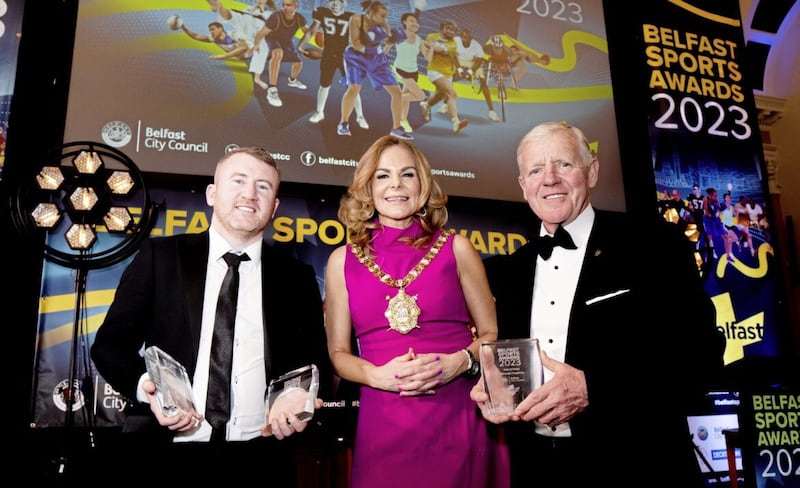 Hall of Fame inductees Paddy Barnes and Michael Hawkins with Lord Mayor of Belfast, Christina Black, at Friday night&#39;s awards. Carl Frampton was out of the country and unable to attend 