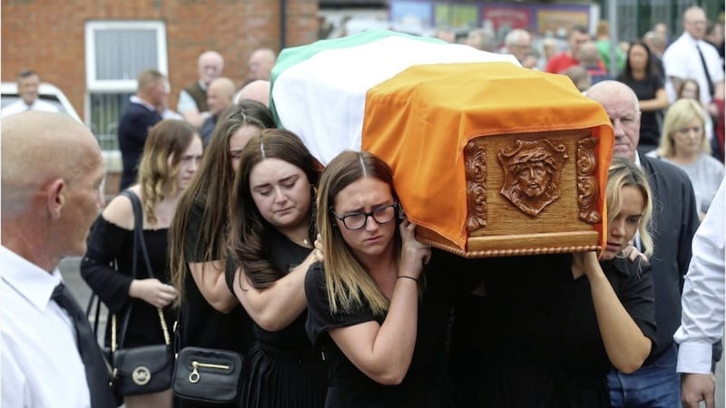 The funeral of Seamus Conlon, who died after being hit by a stolen car on the Whiterock Road on Saturday, took place in west Belfast yesterday. Picture: Hugh Russell 