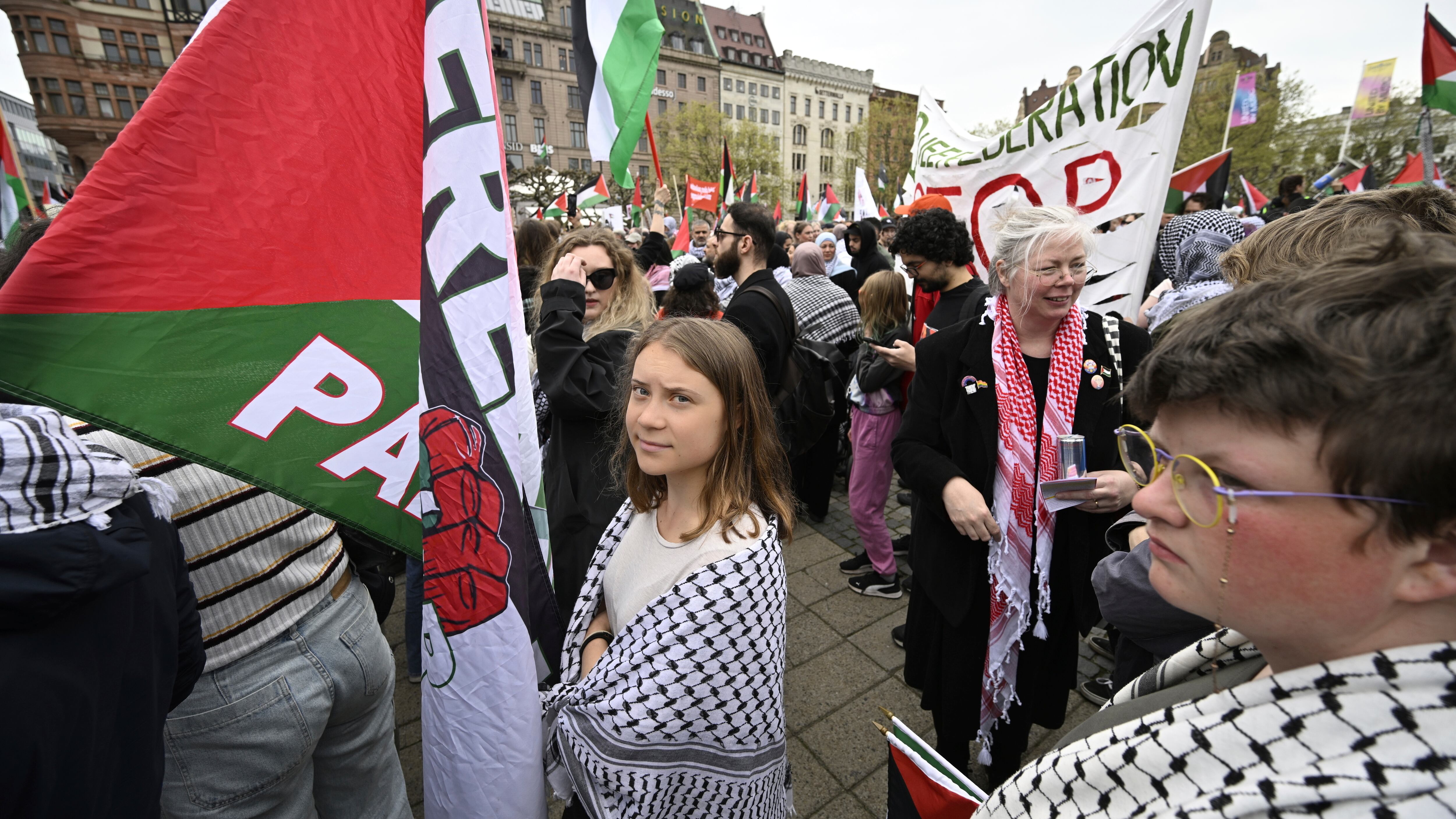 Climate activist Greta Thunberg takes part in a Stop Israel demonstration on Thursday (Johan Nilsson/TT News Agency via AP)