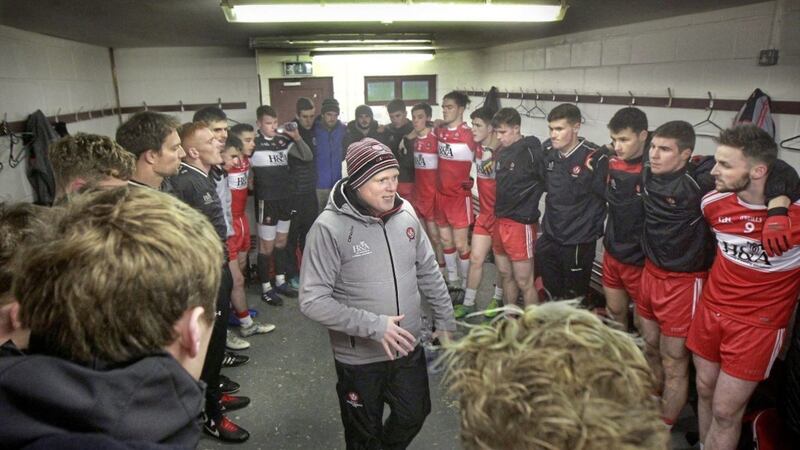 Derry manager Damian McErlain with his team in the changing rooms before taking on Ulster University in their McKenna Cup opener on Wednesday night at Celtic Park. Picture Margaret McLaughlin. 