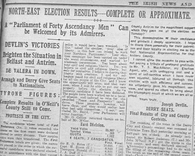 Irish News headlines from May 1921 as the northern election results came in 
