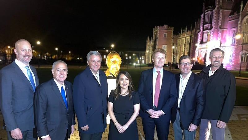 Members of the US trade delegation with US special envoy Joe Kennedy III outside Queen’s University Belfast following a four day visit to Northern Ireland (Claudia Savage/PA)