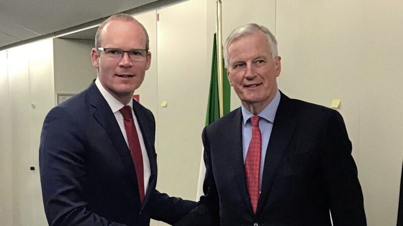 T&aacute;naiste Simon Coveney (left) meeting the EU&#39;s chief negotiator Michel Barnier in Brussels. Picture from @simoncoveney/Press Association 